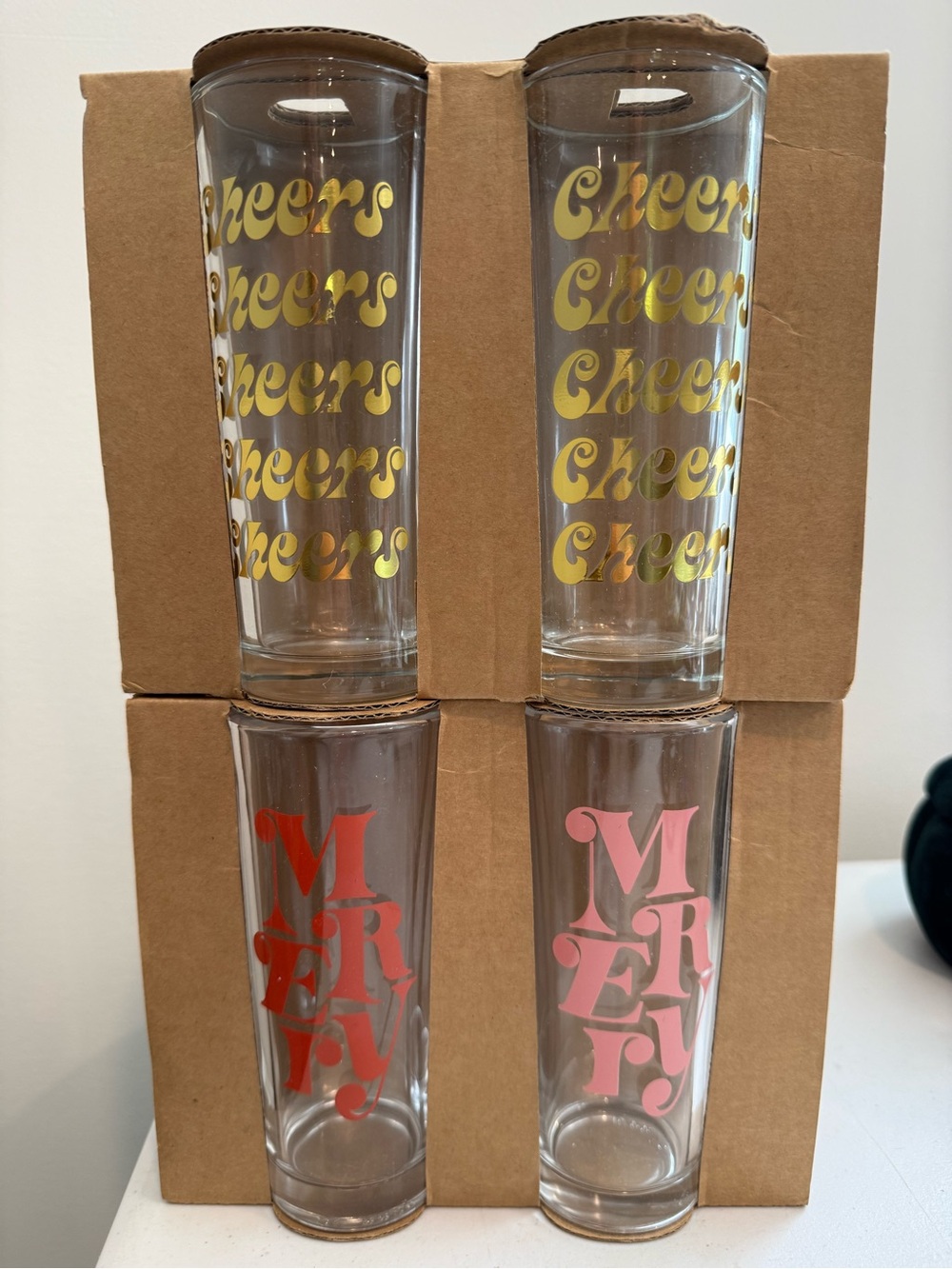 4-Pack Festive Holiday 6” Tall Glass Cups “Merry” & “Cheers” 10.25 Fl.oz